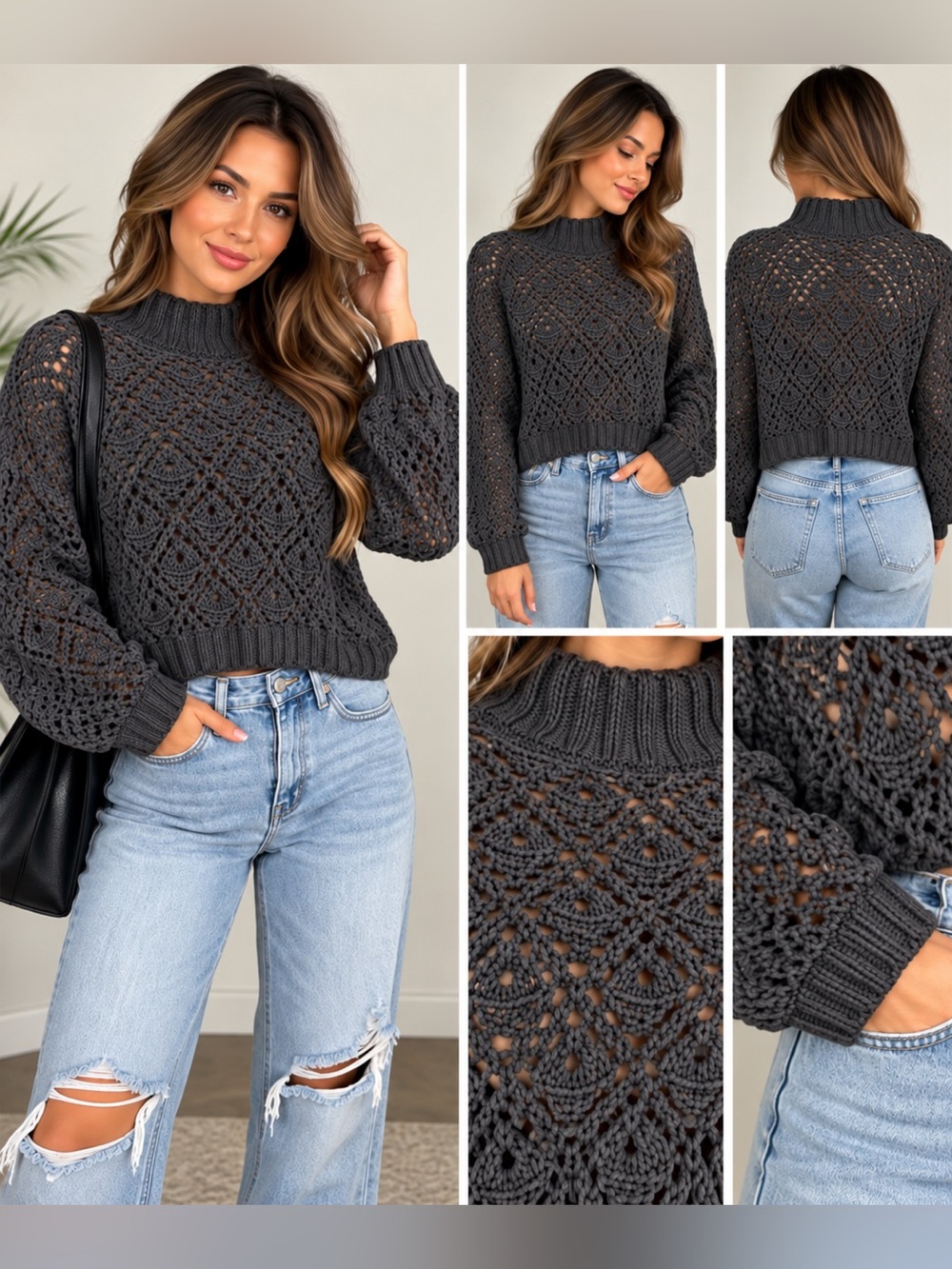 POL Women’s Small Charcoal Crochet Open Knit Mock Neck Cropped Sweater Boho